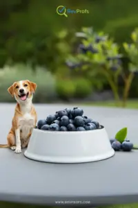 A small bowl of fresh blueberries next to a dog's food bowl. Are blueberries good for dogs 5 fantastic health benefits