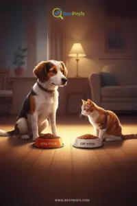 A curious dog looking over at a cat's food bowl, with a clear and friendly "no" symbol superimposed to show that dogs should not eat cat food.