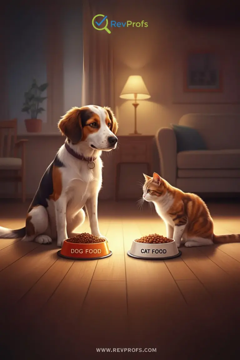 A curious dog looking over at a cat's food bowl, with a clear and friendly "no" symbol superimposed to show that dogs should not eat cat food.