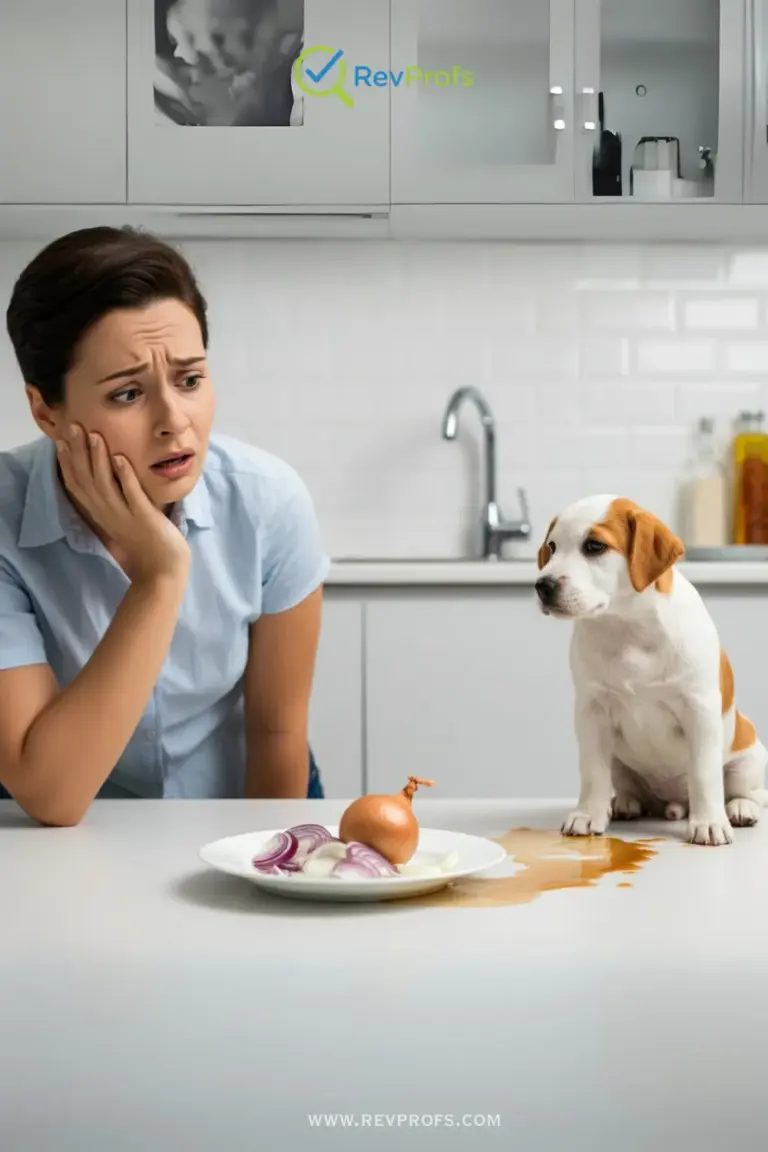 A fresh onion and a clove of garlic next to a dog food bowl, with a large red "no" symbol over them to show they are dangerous for dogs.