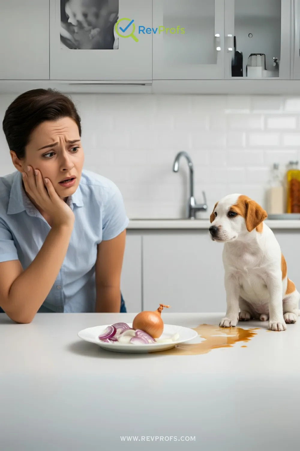 A fresh onion and a clove of garlic next to a dog food bowl, with a large red "no" symbol over them to show they are dangerous for dogs.