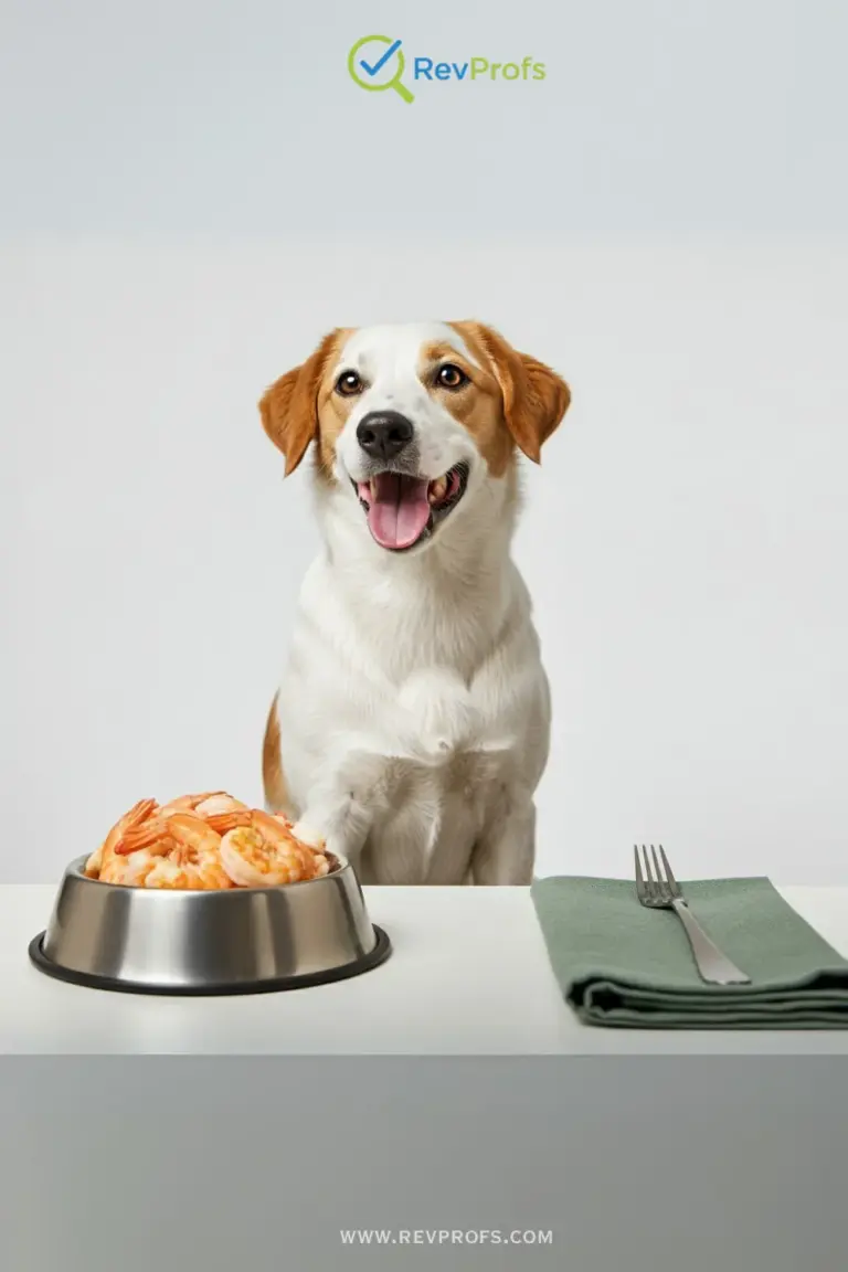 A small cooked, shelled shrimp on a dog's food bowl with dry kibble.