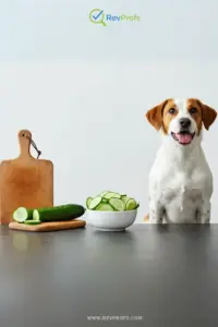 A happy dog looking at a sliced cucumber on a cutting board, ready to eat.