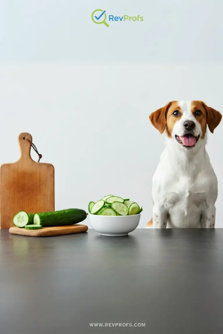 A happy dog looking at a sliced cucumber on a cutting board, ready to eat.