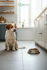 A curious dog looking over at a cat's food bowl, with a clear and friendly "no" symbol superimposed to show that dogs should not eat cat food.