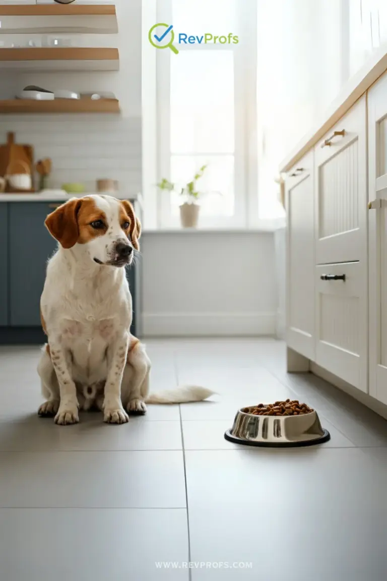 A curious dog looking over at a cat's food bowl, with a clear and friendly "no" symbol superimposed to show that dogs should not eat cat food.