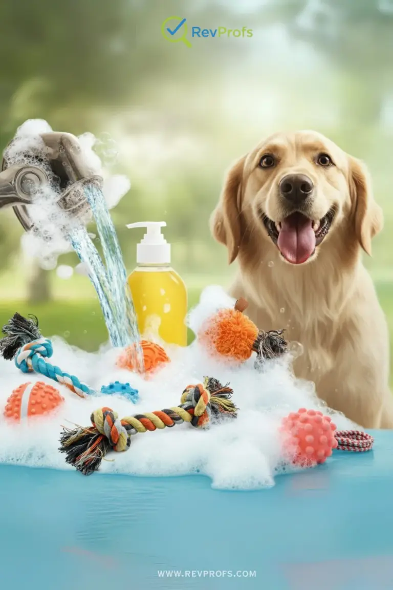 A pile of colorful dog toys, including plush and rubber ones, being washed in a soapy sink.