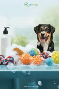 A clean, sparkling pile of various dog toys, including a rubber ball, rope toy, and plush animal.