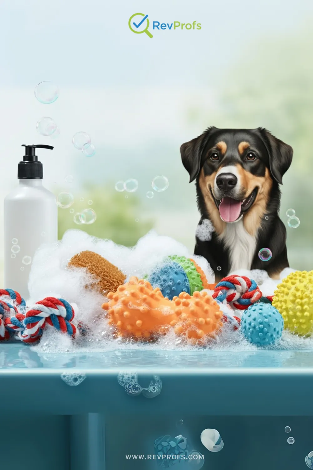 A clean, sparkling pile of various dog toys, including a rubber ball, rope toy, and plush animal.