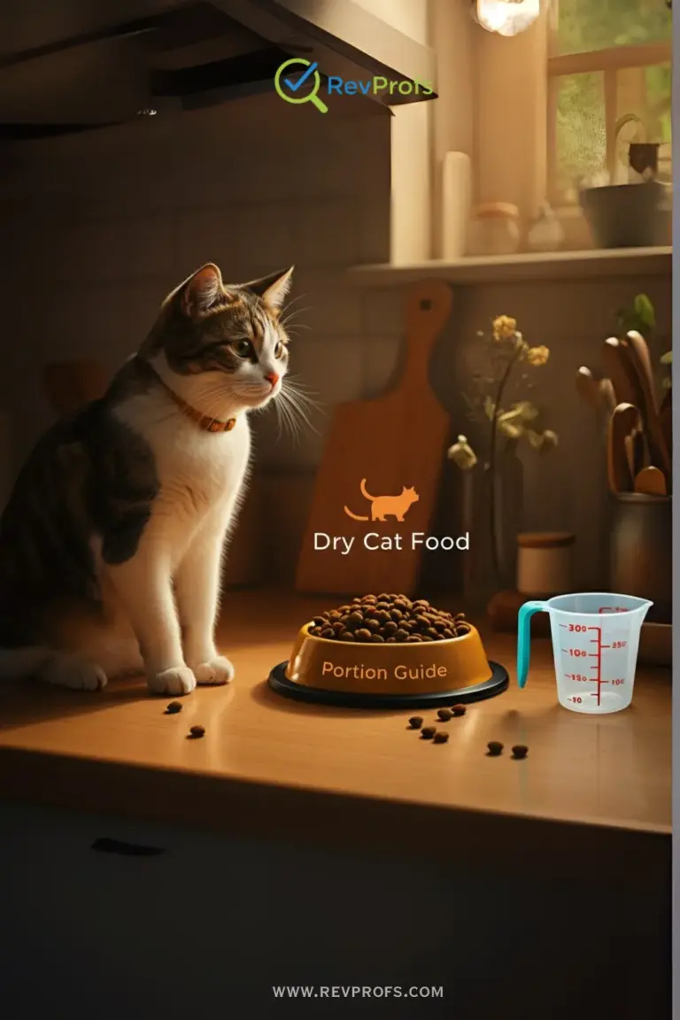 A small bowl of dry cat food with a measuring scoop next to it.