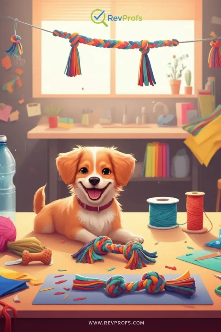 A homemade braided rope dog toy made from strips of colorful t-shirt fabric on a wooden floor.
