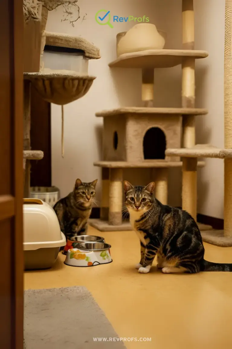 Two cats in a home, with one cat exhibiting body language that indicates dominance over the other.