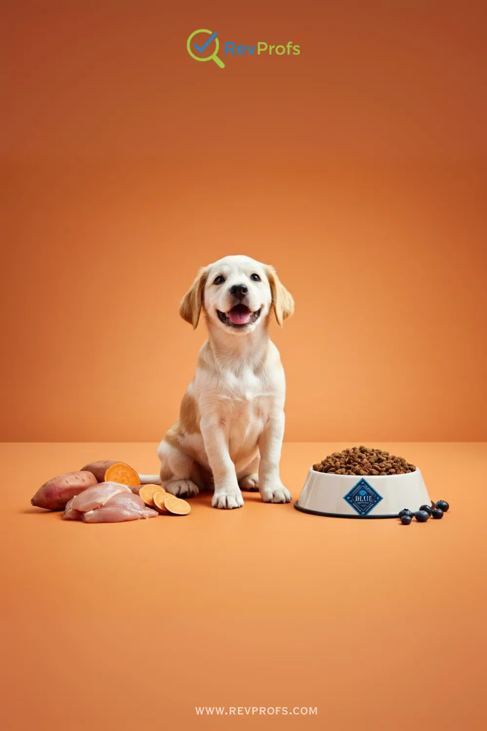 A shiny, healthy dog with a vibrant coat eagerly eating from a bowl filled with Blue Buffalo dog food kibble, with a bag of Blue Buffalo Life Protection Formula visible in the background.