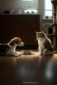 A dog and a cat looking at bowls of their own food, with a red "X" over the cat food bowl for the dog.