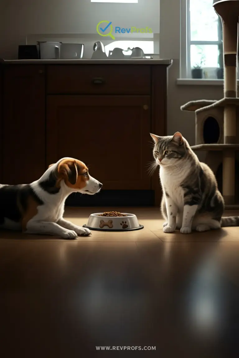A dog and a cat looking at bowls of their own food, with a red "X" over the cat food bowl for the dog.