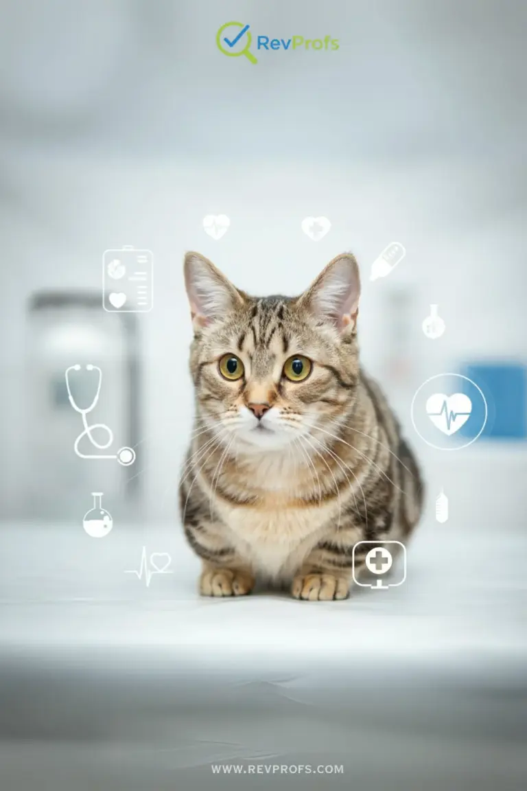 Photograph of a tabby cat sitting attentively in a bright veterinary clinic, surrounded by glowing digital medical icons, conveying pet health and comprehensive care.