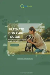 A friendly golden retriever sitting next to a dog care guide and a bowl of food.