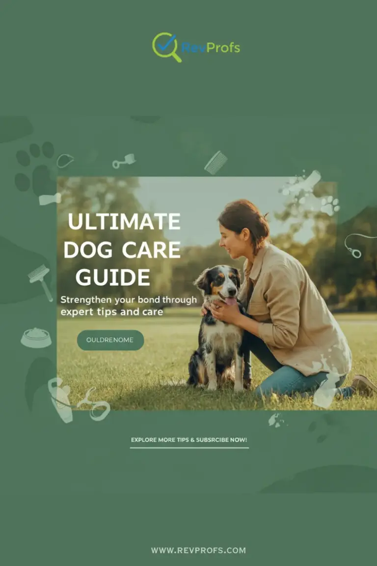A friendly golden retriever sitting next to a dog care guide and a bowl of food.