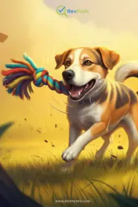 A smiling golden retriever sitting on the floor, gently offering its owner a well-loved squeaky toy.