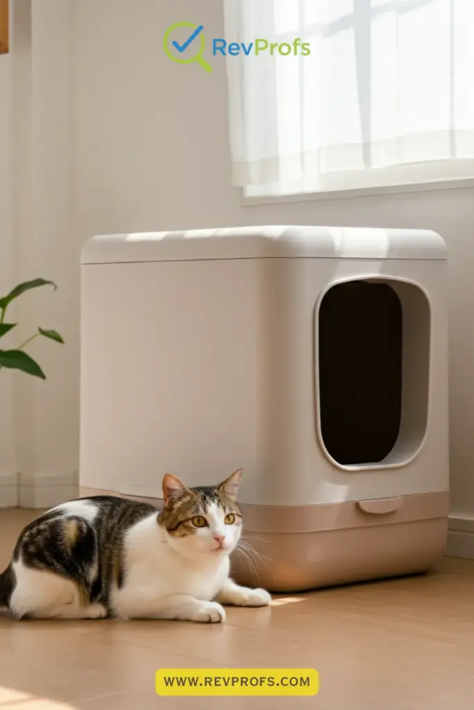 A cozy home corner featuring a high-sided litter box with a happy cat using it. ALT Text: A high-sided cat litter box in a cozy home setting with natural light.