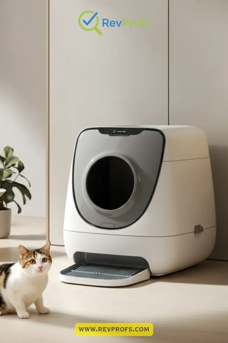 A sleek, modern self-cleaning cat litter box with a hood in a clean, brightly lit room.