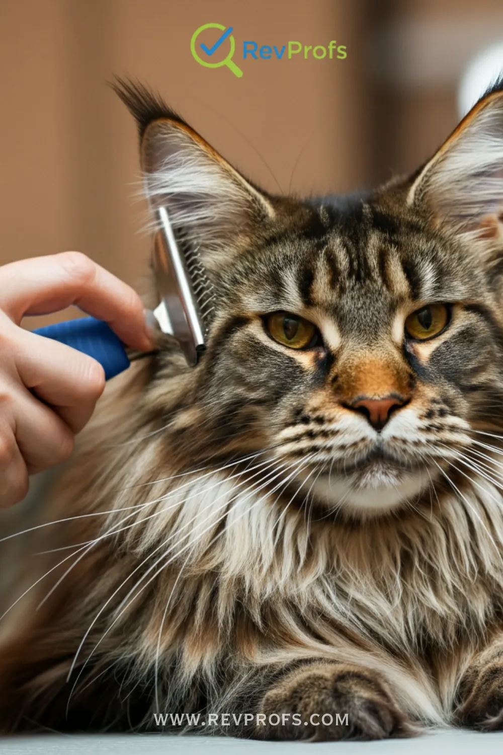 A person gently brushing a long haired cat on a grooming table.