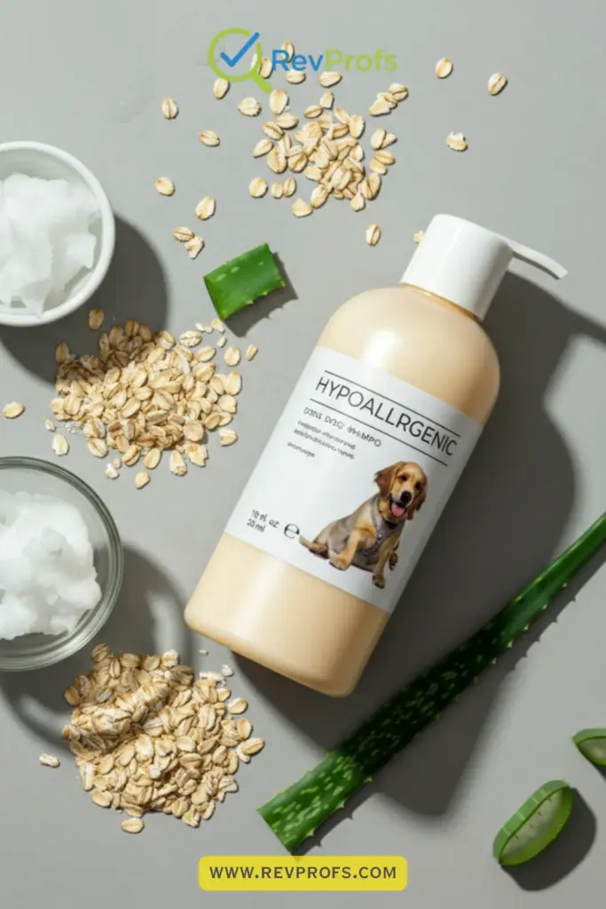 Natural ingredients like oatmeal, aloe vera, and coconut oil used in hypoallergenic dog shampoos.