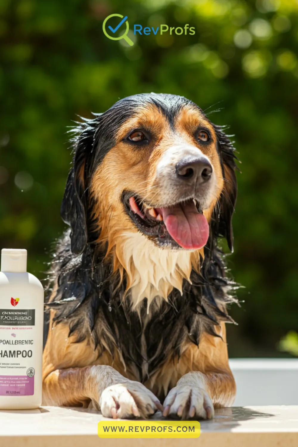 A happy dog enjoying a bath with hypoallergenic dog shampoo in a sunny outdoor setting.
