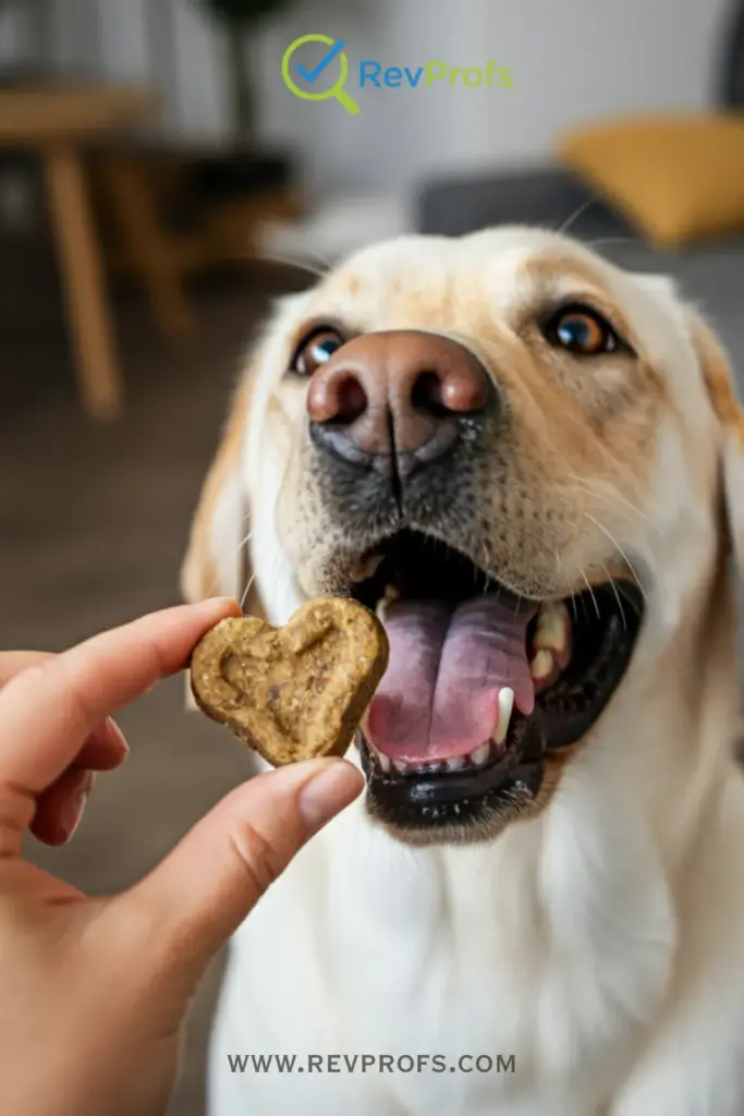Assortment of healthy dog treats, including carrots, blueberries, and small baked biscuits.