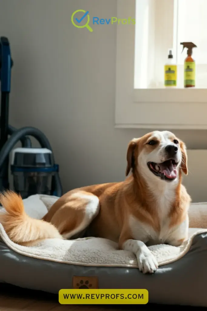 A cozy indoor setting with a dog resting peacefully, showcasing a clean environment post-treatment.