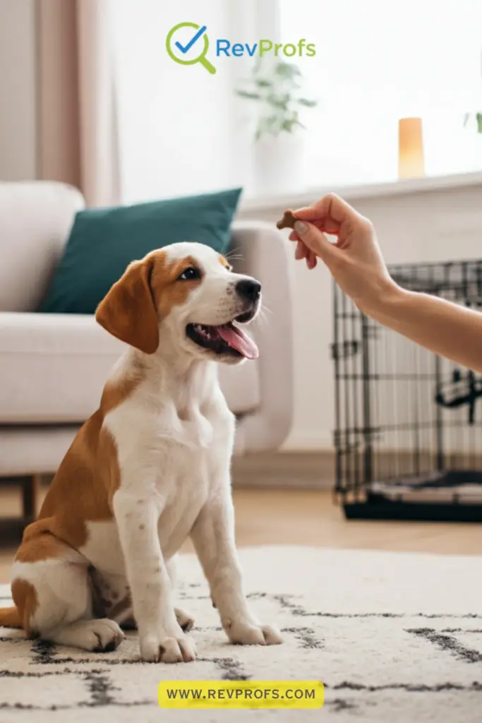 A puppy learning basic training commands in a cozy living room with a crate in the background.