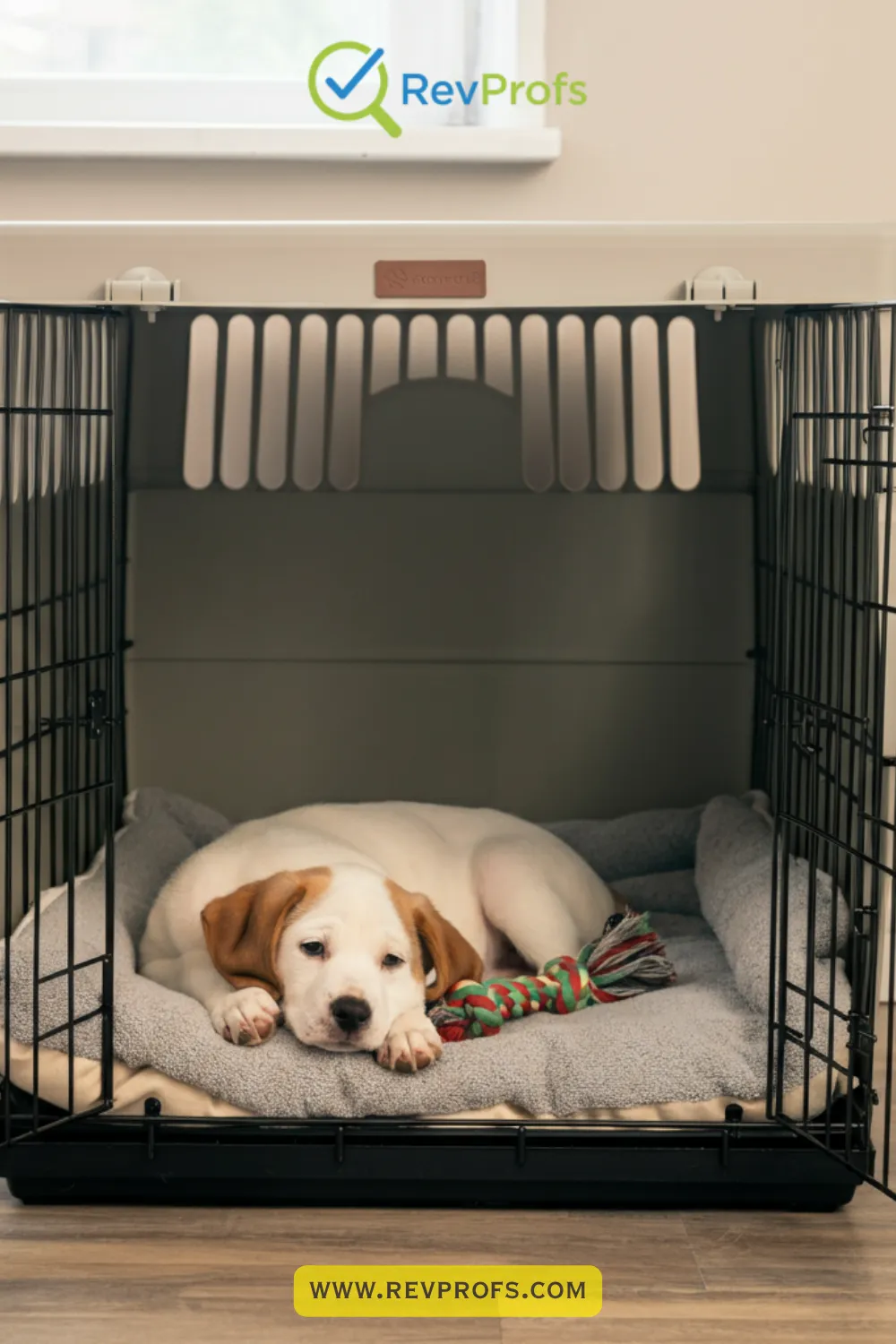 A puppy demonstrating crate training basics, resting inside a cozy crate with a blanket and toy.