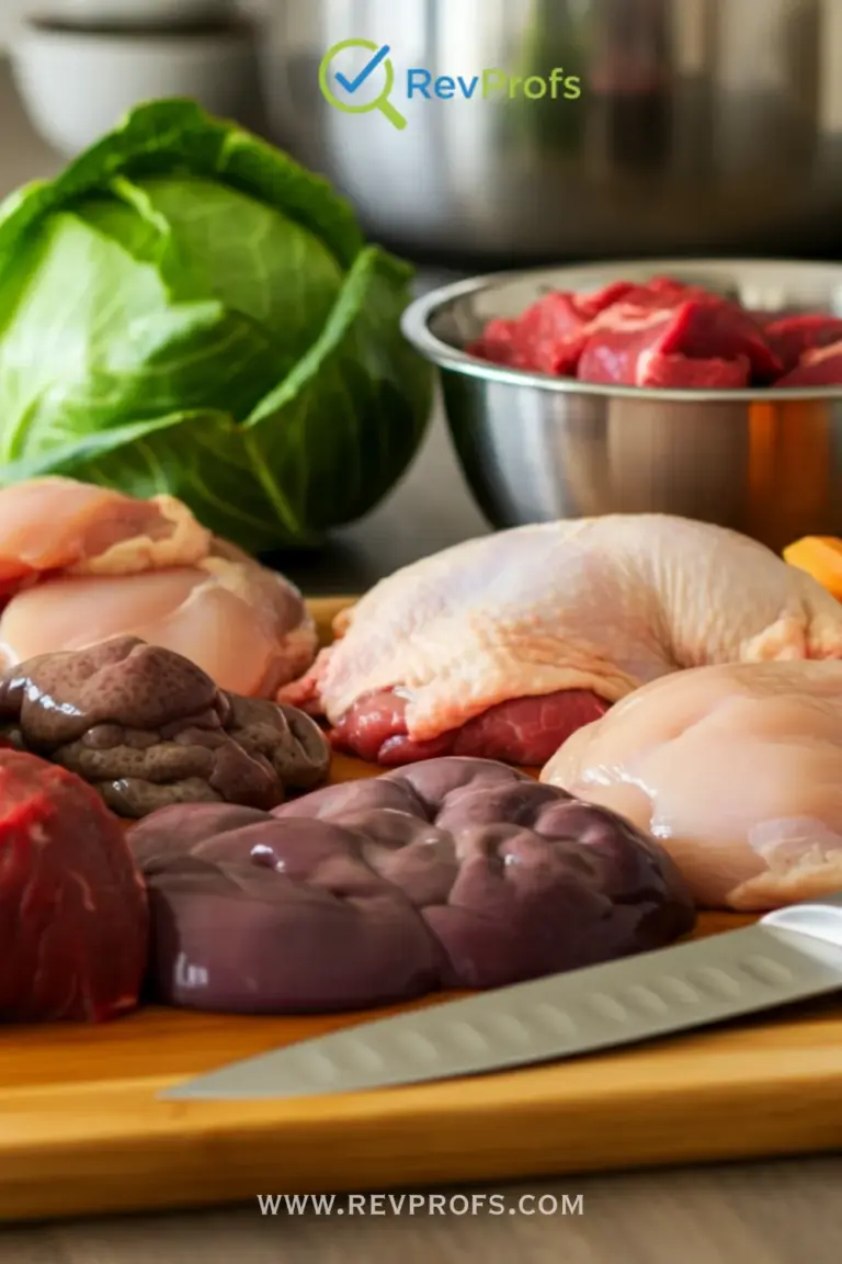 A bowl of raw, chunky ground meat and vegetables next to a healthy, energetic dog.