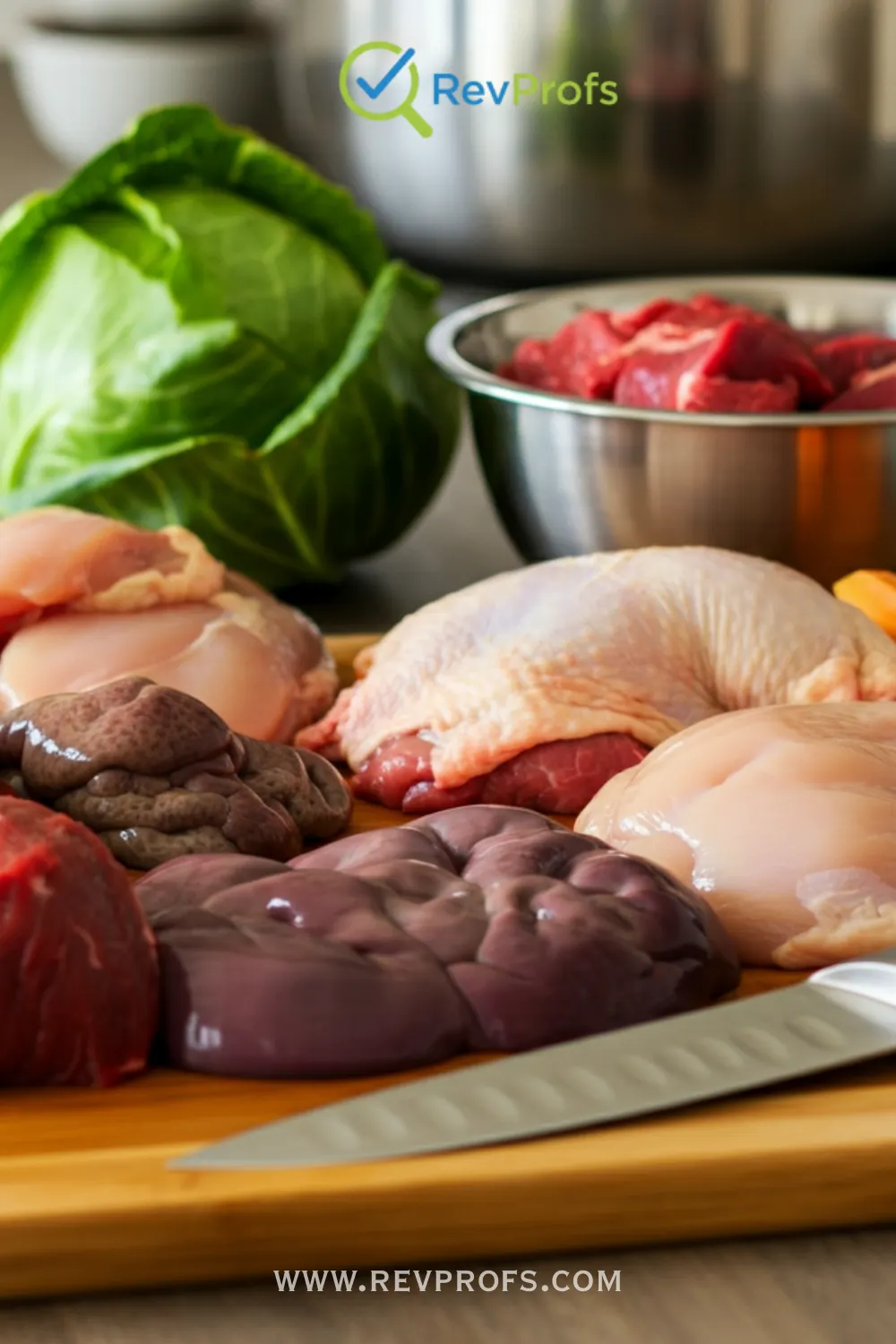 A bowl of raw, chunky ground meat and vegetables next to a healthy, energetic dog.