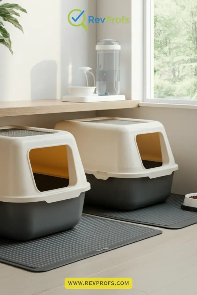 A well-organized indoor cat care setup with litter boxes and supplies.