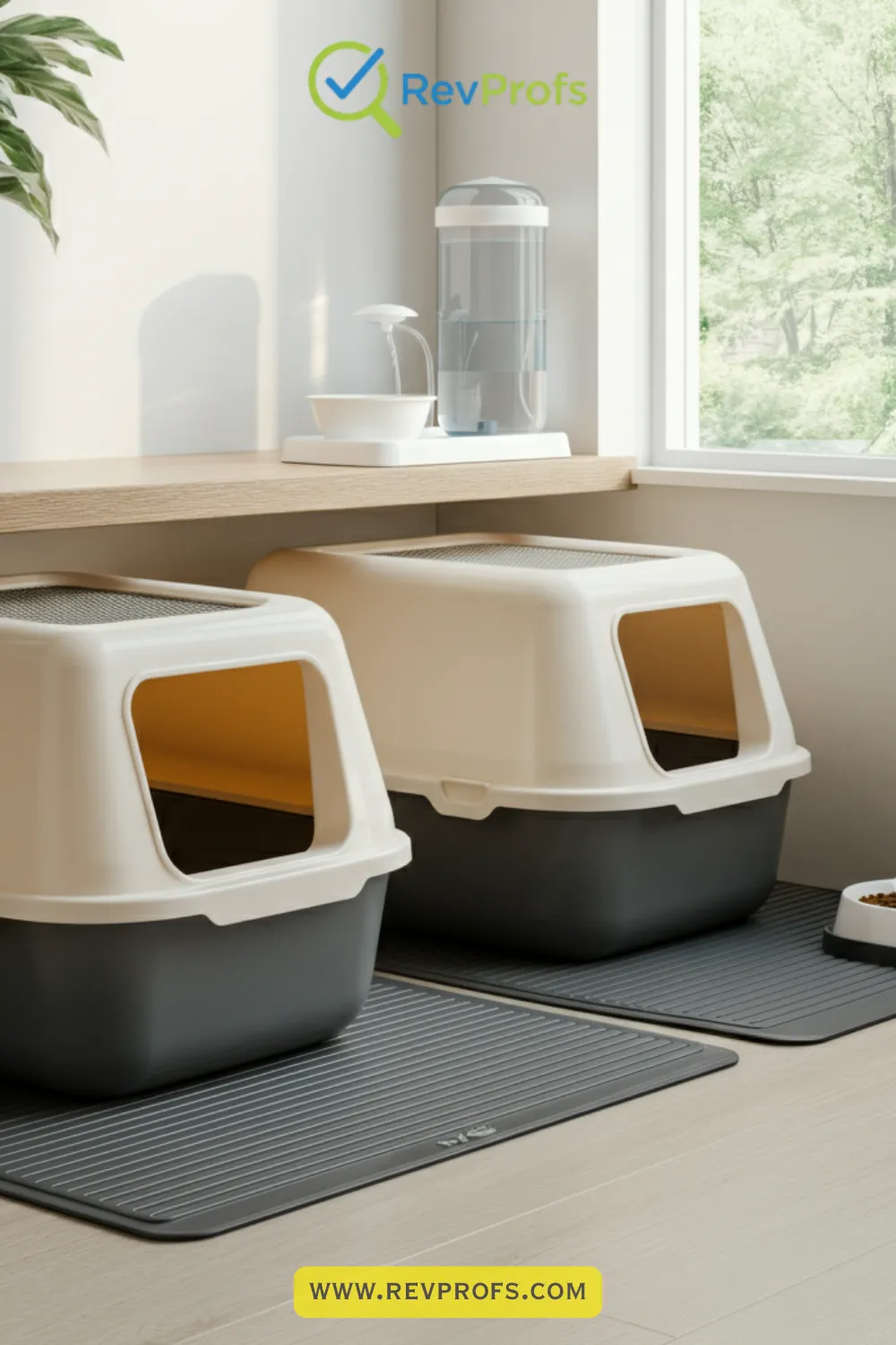 A well-organized indoor cat care setup with litter boxes and supplies.