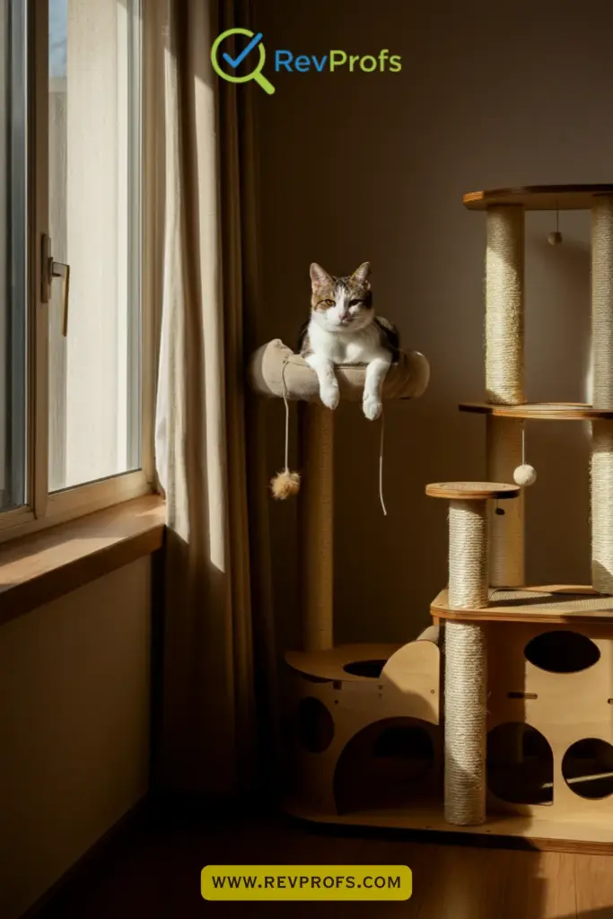 A cat enjoying indoor enrichment on a cat tree with toys and natural light.