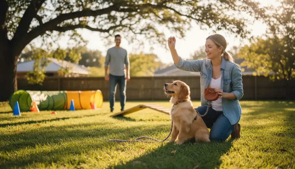 Owner using positive reinforcement to train golden retriever puppy with treats and hand signals for sit command