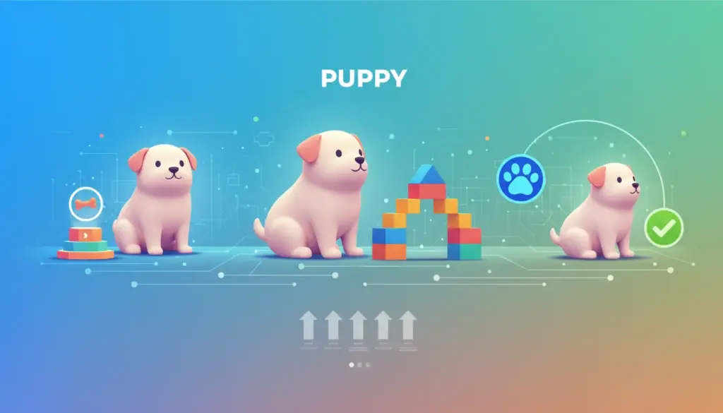 Puppy training schedule chart showing hourly activities including potty breaks, meals, training sessions, and play time